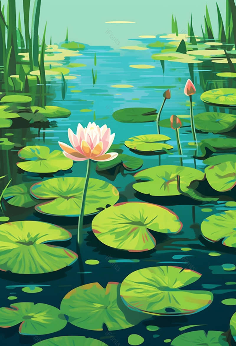 夏季节气水草绿色荷花荷叶池塘河流清澈清爽插画,插画/手绘图,插画/手绘图库,插画/手绘图下载,插画/手绘